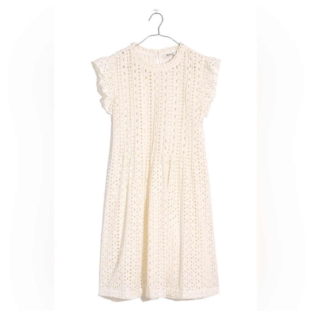 Madewell Eyelet Ruffle-Sleeve Pintuck Mini Dress, L, NWT, Cream/Off-White